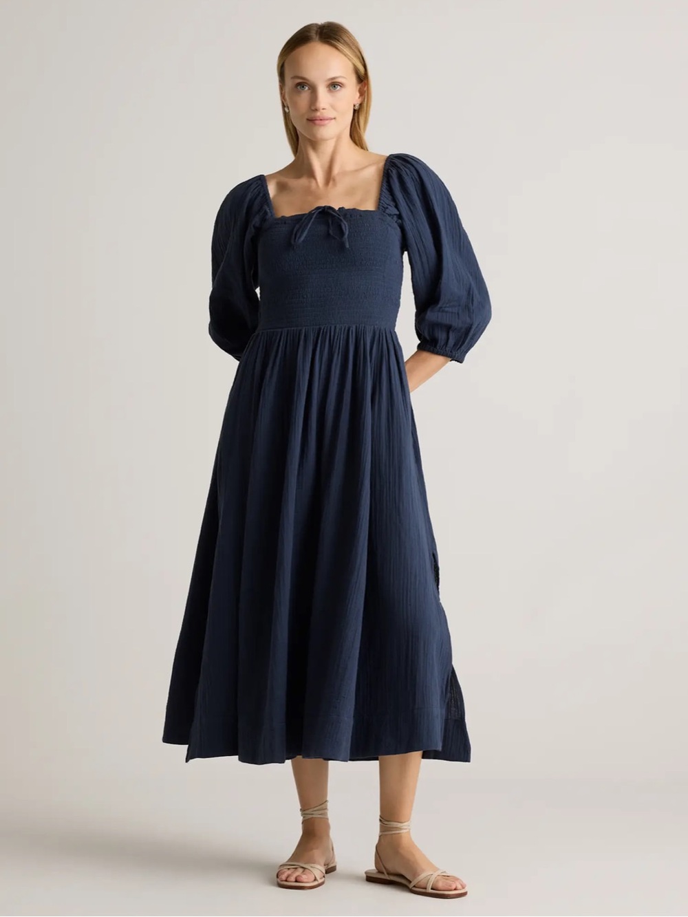 100% Organic Cotton Gauze Smocked Square Neck Midi Dress
